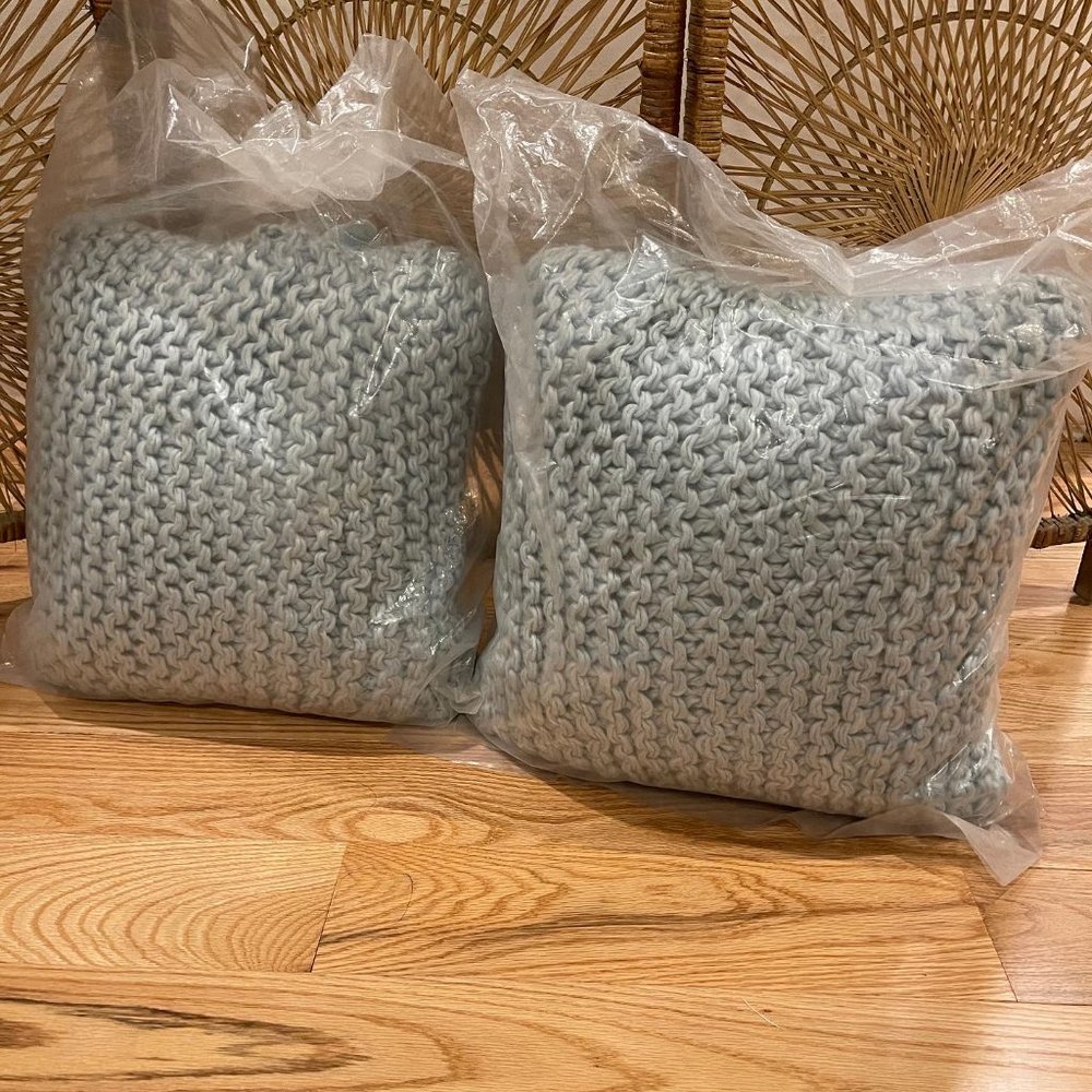 anthropologie set of 2 "mena" 18x18 pillows sky blue square zipper pom pom